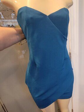 Made With Love Blue Blush Strapless Blue Bandage Faux Wrap Mini Dress